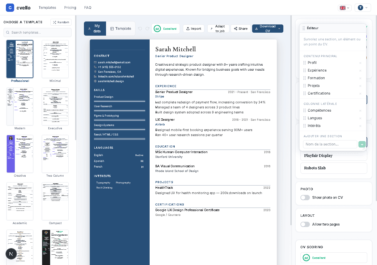 CVello — Éditeur de CV professionnel